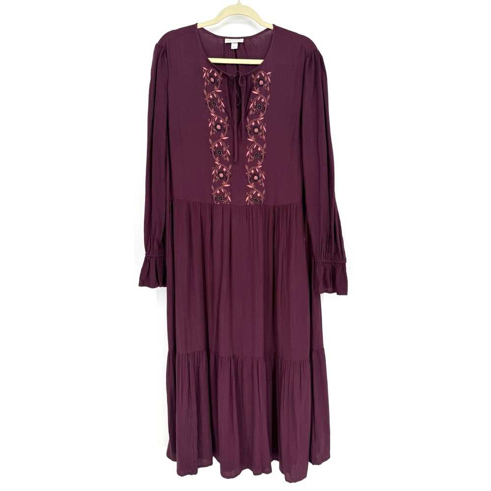Knox Rose Embroidered A-Line Maxi Dress Plum Purple L Boho Whimsigoth Romantic